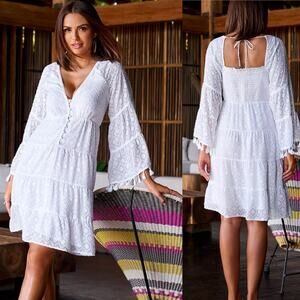Boston Proper Long sleeve novelty fabric Tassel trim Sun dress white Sz S boho
